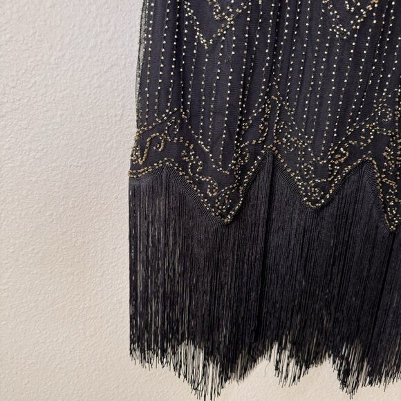 1920s Women Gold Dress V-Neck Sequin Evening Fringe Tassel Flapper Gown Black - Picture 4 of 7